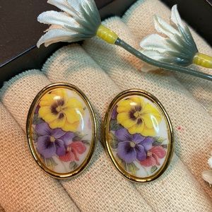 🎁 3 for $15. Vintage Painted Porcelain Transfer Floral Earrings